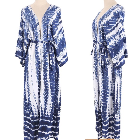 Boho Blue Tie Dye Kimono Duster Coverup - Picture 2 of 13